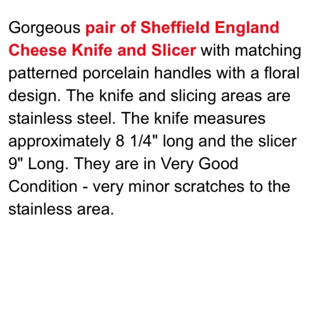 Sheffield England Cheese Slicer & Knife Set Floral Design Porcelain Handles